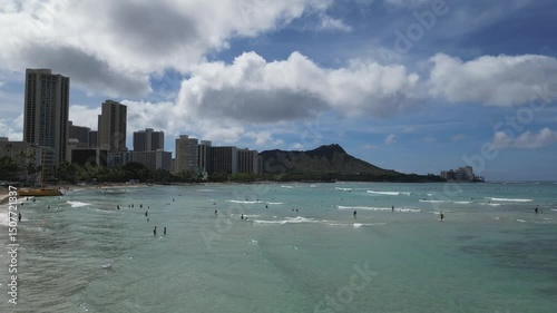 Forward motion drone shot of Waikiki and Diamond Head in Oahu
