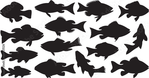 Seamless fish pattern silhouettes with ocean animals and underwater design elements
