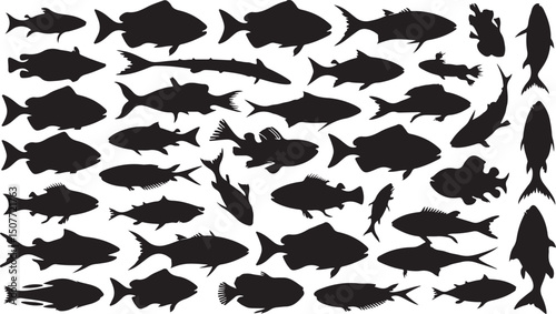 Seamless vector pattern of diverse fish and sea animal silhouettes, perfect for nature-inspired design and underwater wildlife illustration