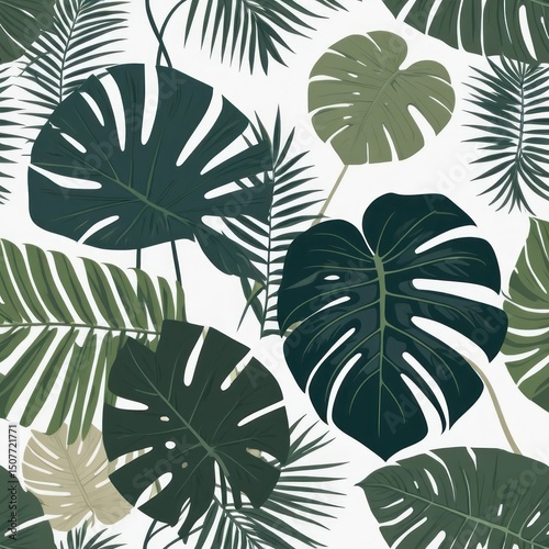 Tropical Leaf Pattern Seamless Illustration of Lush Green Monstera and Palm Leaves