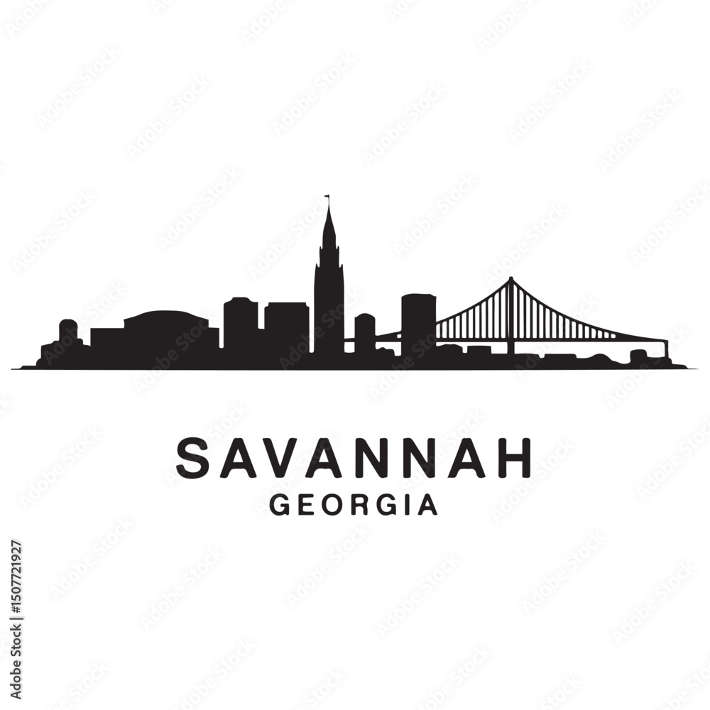 Naklejka premium Savannah skyline horizontal banner. Black Savannah, Georgia. Vector template for your design. Vector black silhouette. with white background