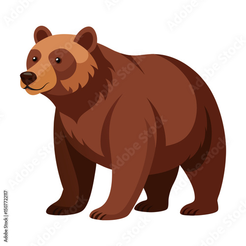 Cartoon brown grizzly bear isolated on white background. Side view. Vector illustration.