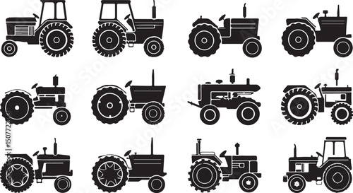 A vector illustration featuring a set of black silhouettes of industrial machinery, including tractors and trucks, with prominent gears and wheels symbolizing construction and engineering technology