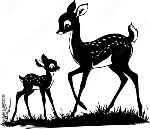 Vintage Silhouette Illustration of Mother Gazelle and Baby Gazelle – Nostalgic 1920s Nature Scene , Evoking Childhood Wonder and Serene Wildlife Beauty