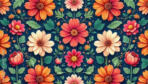 Intricate floral design, repeating seamlessly , muted, flower, vibrant