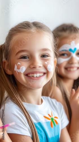 Happy children with painted faces celebrating footy colors day festivities