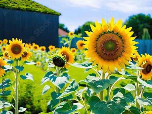 sunflower field in full bloom under blue sky with rustic barn in background, capturing the beauty of summer countryside