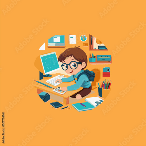 illustration of a child learning computer