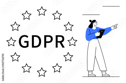 GDPR text encircled by stars alongside a woman holding a tablet and pointing toward an object. Ideal for data privacy, compliance, digital security, EU regulations, online policies, user rights