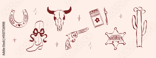 Cowgirl and cowboy set in hand drawn coquette style. Retro whimsical symbols for bachelorette and girls birthday party. Trendy and cute art for holidays banner. Doodle vintage vector illustration