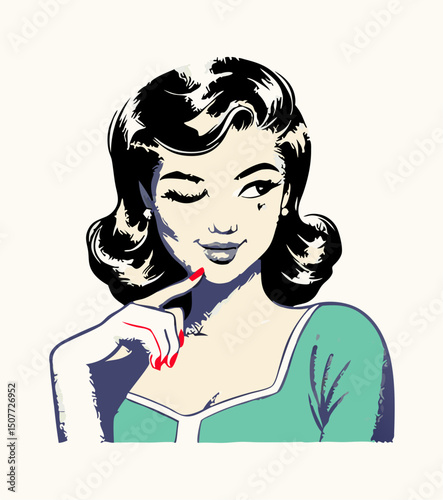 Retro Woman Winking Pop Art Illustration