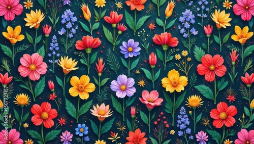 Repetitive pattern of wildflowers & foliage, vibrant hues , digital, wildflowers