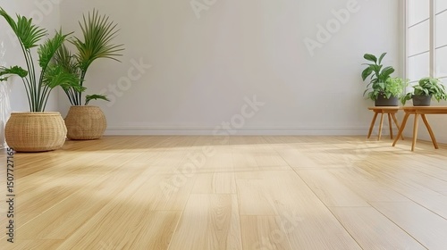 Empty room with light wooden floor and potted plants.