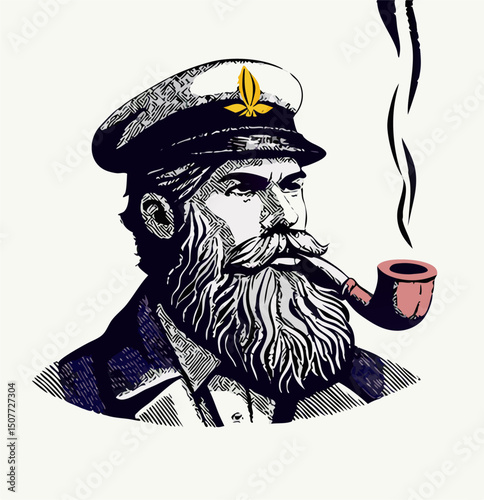 Vintage Sailor Smoking Pipe, Cannabis Leaf Captain Hat Illustration