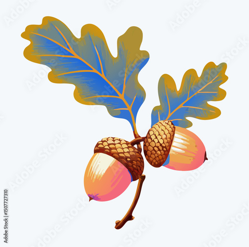 Two Acorns on Oak Branch with Blue and Gold Leaves