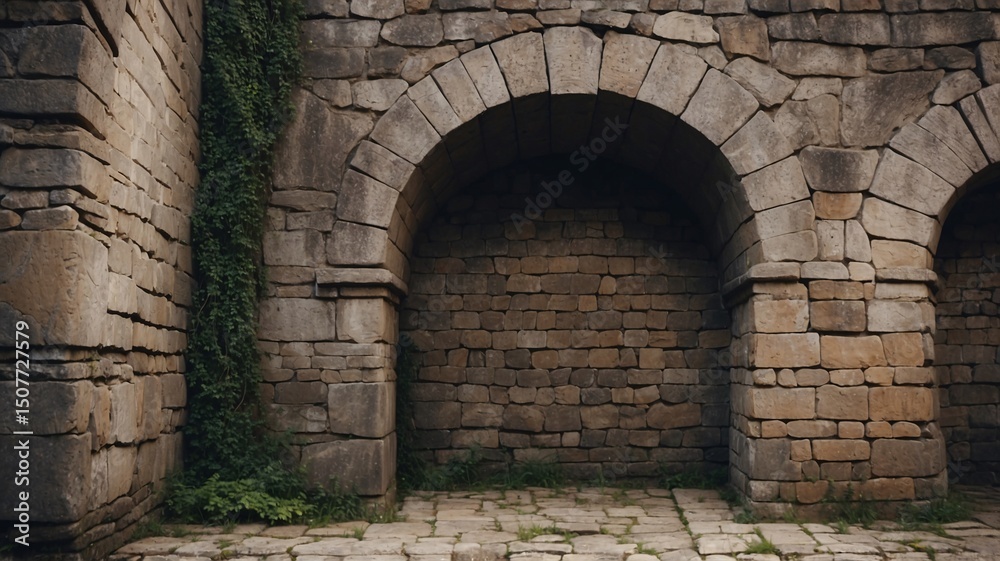 Fototapeta premium Ancient Stone Archway Architectural Marvel of History, Rustic Texture, Weathered Stone, Historic Building, Old Masonry