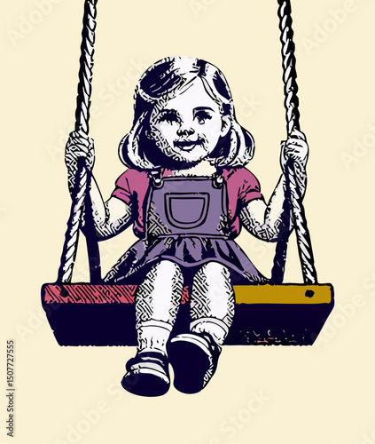 Happy Little Girl on a Swing Set Illustration
