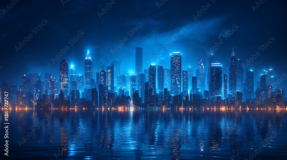 Fototapeta premium Cinematic neon glow. Futuristic city skyline reflected on water. Perfect for cyberpunk settings, tech presentations, or sci-fi storytelling.