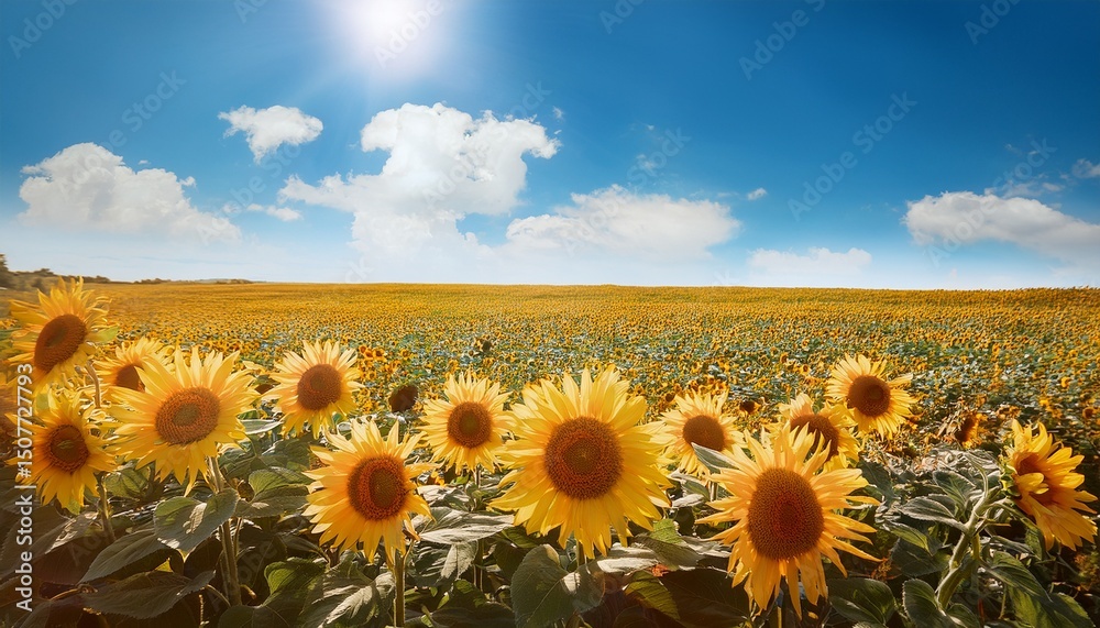 Obraz premium bright sunflower blooming in a sunny field with blue sky