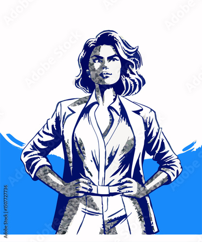 Confident Woman Business Leader, Blue Illustration