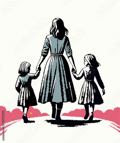 Mother Walking with Two Daughters, Vintage Style Illustration