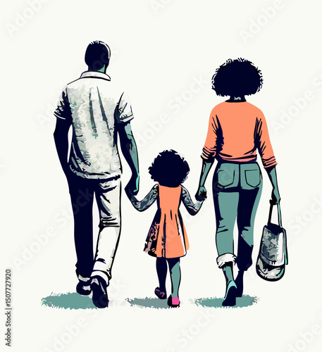Black Family Walking Away Holding Hands Illustration