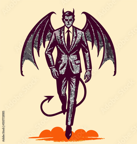 Devil in a Suit Walking, Dark Angel, Evil Businessman Illustration