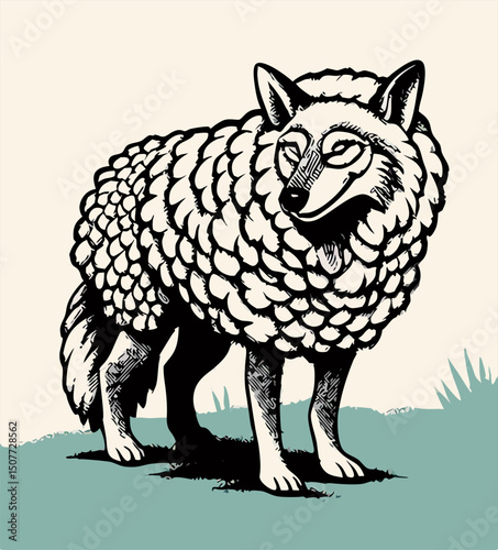 Wolf in Sheep's Clothing Illustration, Black and White Graphic