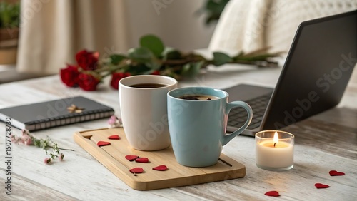 Romantic coffee date setup with roses and candlelight