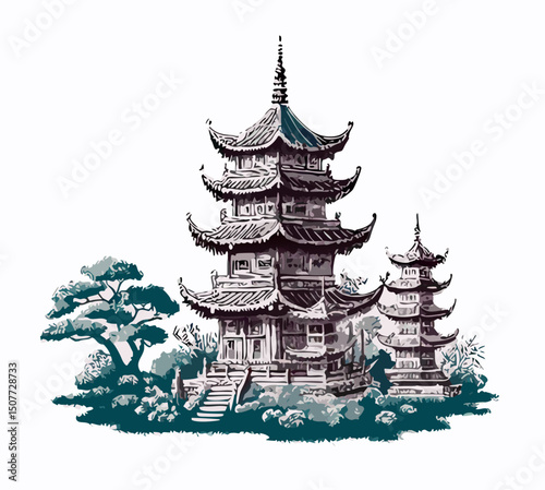 Vintage Illustration of Two Chinese Pagodas in a Garden