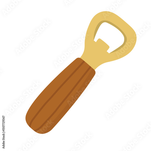 Cartoon bottle opener with wooden handle in flat style, perfect for Oktoberfest and bar design.