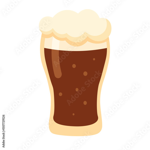 Cute cartoon flat illustration of dark beer in a foamy glass, perfect for Oktoberfest and bar decor.