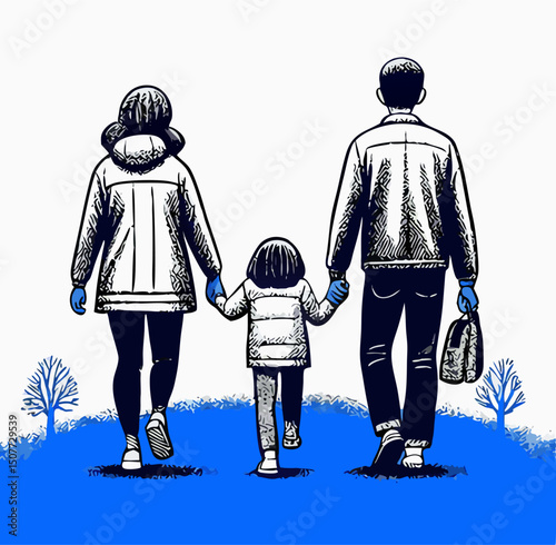 Family Walking Away Holding Hands, Winter Scene