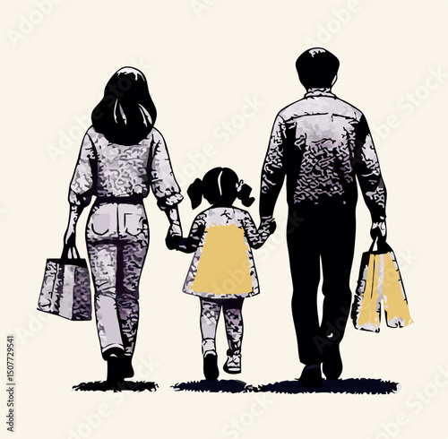 Family Shopping Together: Parents and Child Walking with Bags