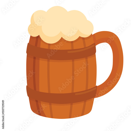Flat cartoon illustration of a wooden beer mug with foam, ideal for Oktoberfest and festive design.