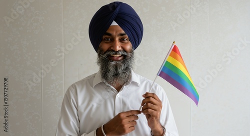 Smiling Indian Sikh man with a beard and turban proudly holding a small rainbow LGBTQ pride flag. Diversity, inclusion, and support for the queer community.