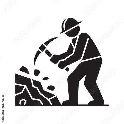 Mining resources with a pickaxe or pick axe flat vector icon for apps and games. Vector black silhouette. with white background