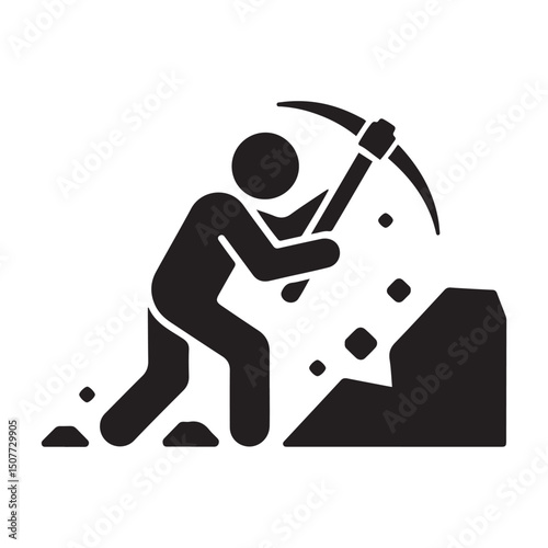 Mining resources with a pickaxe or pick axe flat vector icon for apps and games. Vector black silhouette. with white background