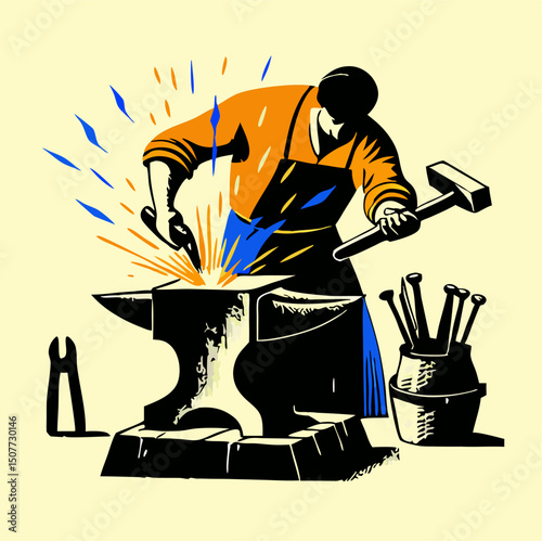 Blacksmith Working at Anvil with Hammer and Sparking Metal