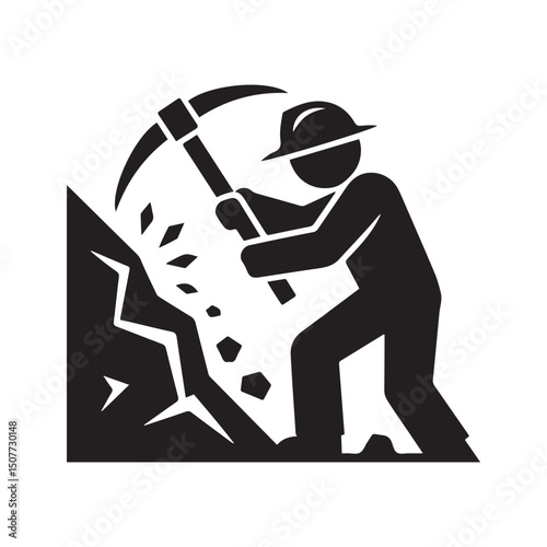Mining resources with a pickaxe or pick axe flat vector icon for apps and games. Vector black silhouette. with white background