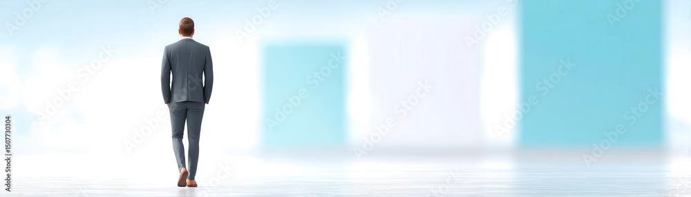 Fototapeta premium A man in a suit walks toward large, abstract blue and white blocks in a bright, minimalistic space.