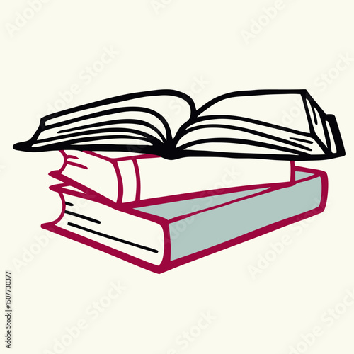 Open Book on Stack of Books, Drawing Illustration