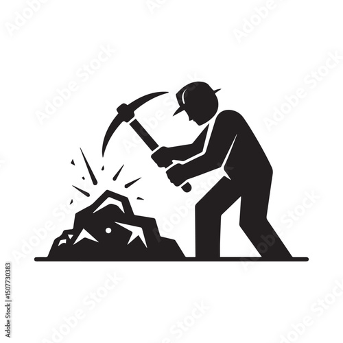 Mining resources with a pickaxe or pick axe flat vector icon for apps and games. Vector black silhouette. with white background