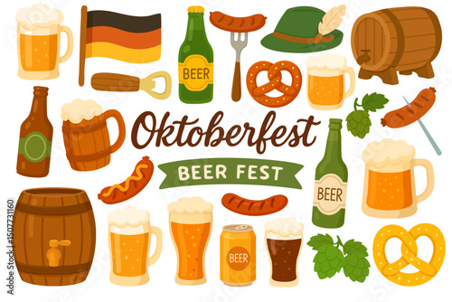 Big cartoon clipart collection with beer, snacks, hops, lettering and German holiday symbols.