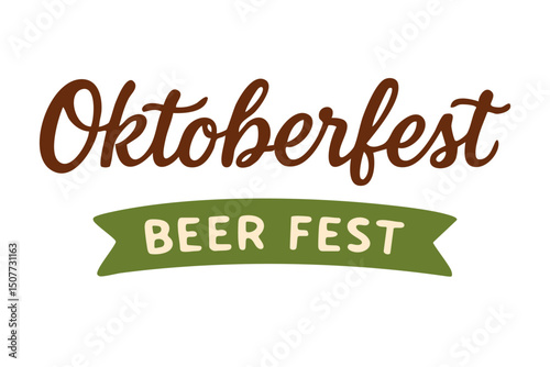 Bright festive hand lettering with beer fest text and green ribbon in cartoon flat style.