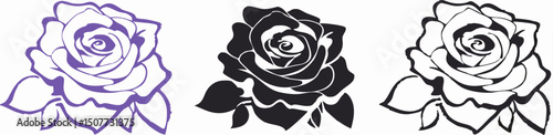 Three Rose Line Art Designs: Purple, Black, and White