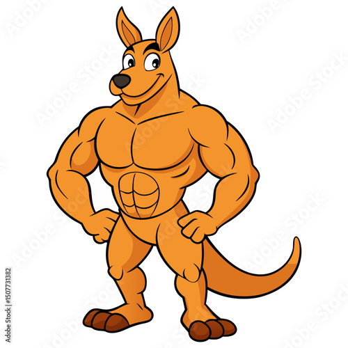 Cartoon muscular kangaroo isolated on white background. Kangaroo bodybuilder shows strong arms, biceps. Side view. Vector illustration