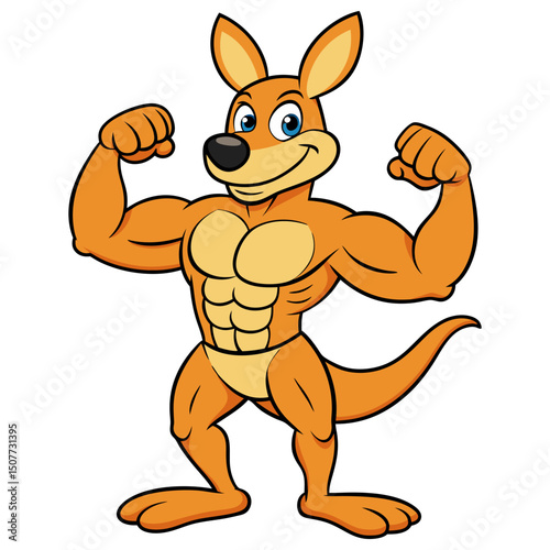 Cartoon muscular kangaroo isolated on white background. Kangaroo bodybuilder shows strong arms, biceps. Side view. Vector illustration