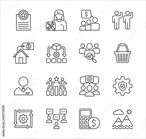 Business company Icon set. Management icon set. Contains symbol of teamwork, data, asset, stock, resource, employee, businessman, target, finance, holiday, meeting, education. Vector illustration