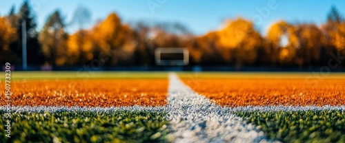 Autumnal Sports Field Close-up Center Line and Goal in Focus